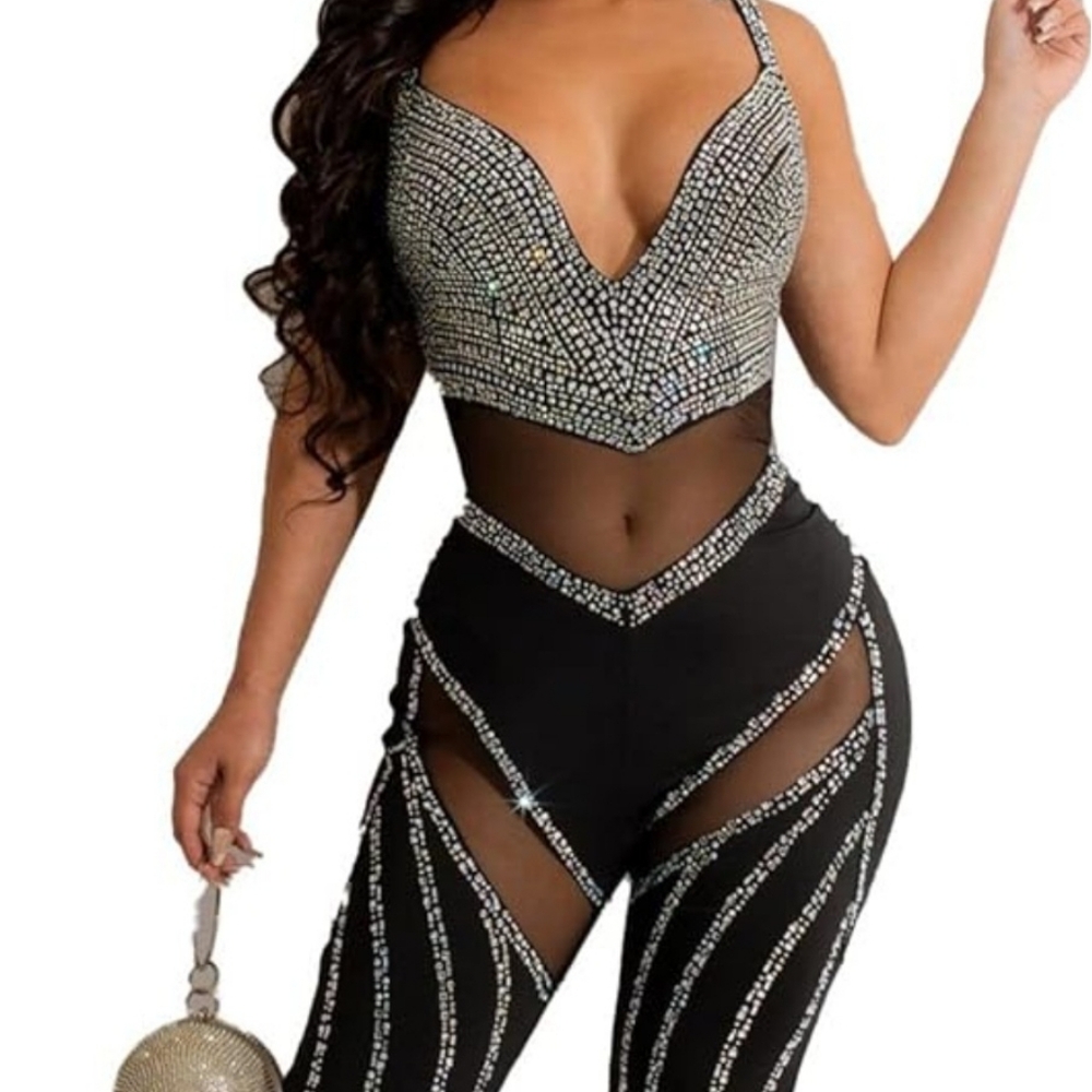 Sexy Sleeveless Deep V Neck Mesh Paneled Rhinestone Bodycon  Rhinestones Bodycon